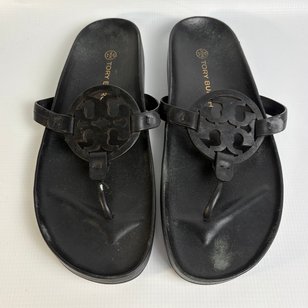 Tory Burch Miller Cloud Black Leather Thong Sandals Women 11 Logo Flat Slides